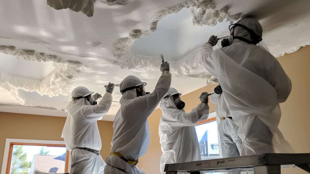 A group of men painting a ceiling with white paint